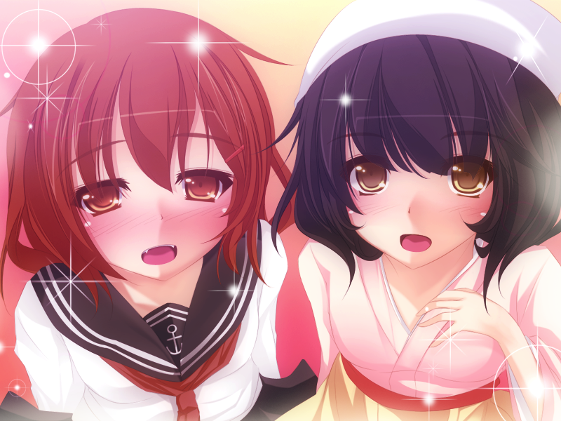 10s, 2girls, black_hair, blush, brown_eyes, brown_hair, check_commentary, commentary_request, fang, headscarf, ikazuchi_(kancolle), kantai_collection, looking_at_viewer, multiple_girls, neckerchief, onsen_tamago_(nurumayu_onsen), ootakasayama_(oshiro_collection), ootakasayama_(oshiro_project), open_mouth, oshiro_project:re, red_neckerchief, school_uniform, serafuku, short_hair, skirt, smile, sparkle, suzaki_aya, upper_body, voice_actor_connection, white_headscarf, yellow_eyes