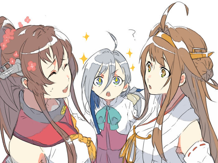 +_+, 10s, 3girls, ?, ahoge, bad_id, bad_twitter_id, black_eyes