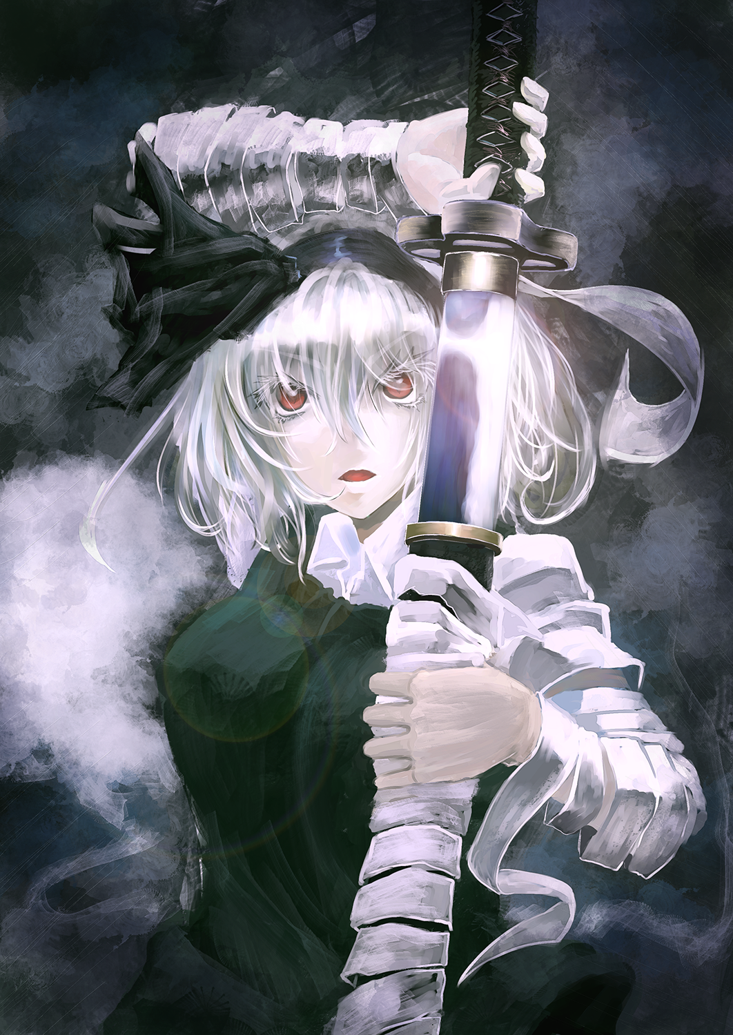 1girl, bad_id, bad_pixiv_id, bandages, dress, female_focus, green_dress, hair_ribbon