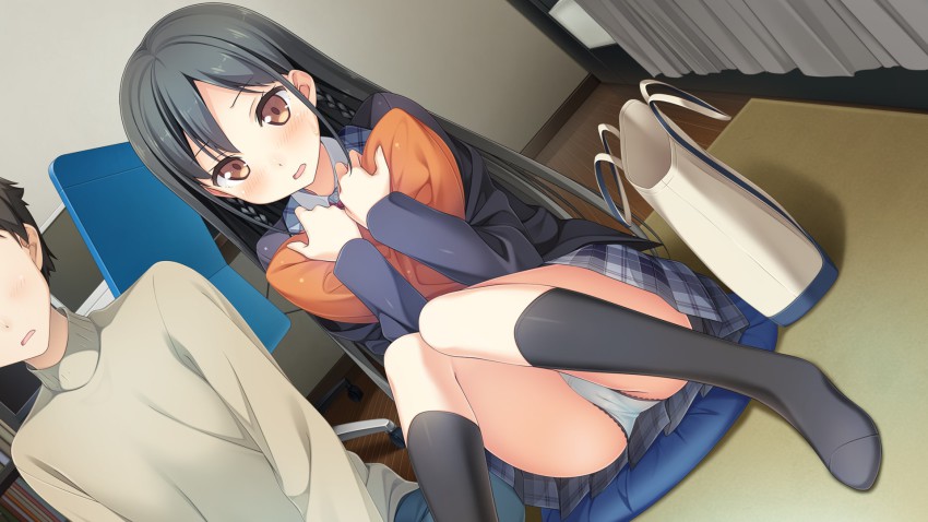 1girl, ass, bag, black_hair, blush, braid, brown_eyes, chair