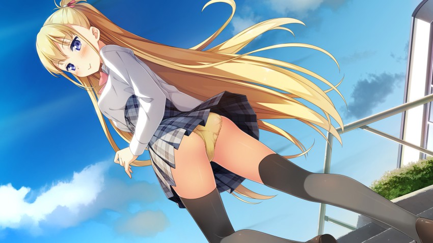 1girl, alice_third_macy, ass, black_thighhighs, blonde_hair, blue_eyes, blush, breasts