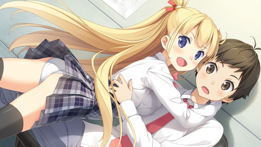 1boy, 1girl, alice_third_macy, ass, black_hair, black_thighhighs, blonde_hair, blue_eyes