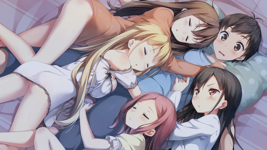 1boy, 4girls, alice_third_macy, ass, bed, black_eyes, black_hair, blonde_hair