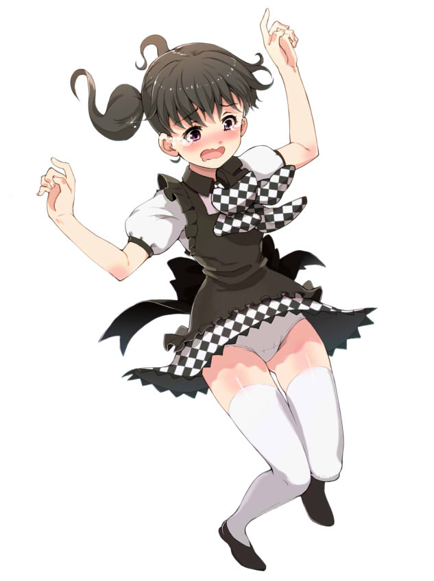10s, 1girl, asumi_kana, black_eyes, black_hair, blush, checkered_clothes, checkered_skirt, cosplay, dress, female_focus, haiyore!_nyaruko-san, kanae_(hotta0622kanae), kuraue_hinata, md5_mismatch, nyarlathotep_(nyaruko-san), nyarlathotep_(nyaruko-san)_(cosplay), panties, pantyshot, short_hair, skirt, solo, thighhighs, twintails, underwear, voice_actor_connection, wavy_mouth, white_panties, yama_no_susume