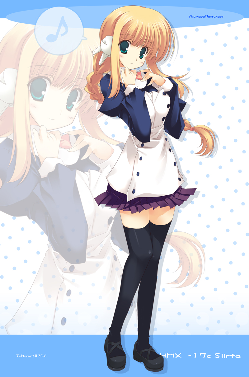 1girl, android, aqua_eyes, black_thighhighs, blonde_hair, braid, braided_ponytail, character_name