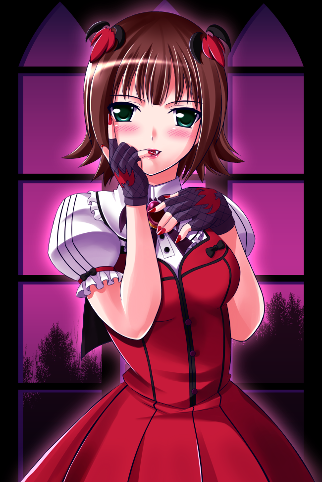 10s, 1girl, amami_haruka, blush, brooch, brown_hair, fang, female_focus