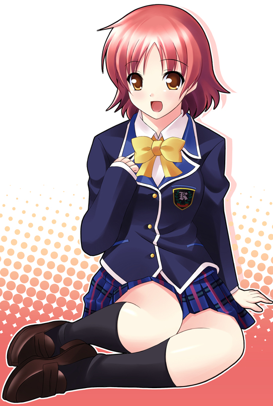 1girl, :d, female_focus, legs_folded, makkemi, open_mouth, red_hair, school_uniform