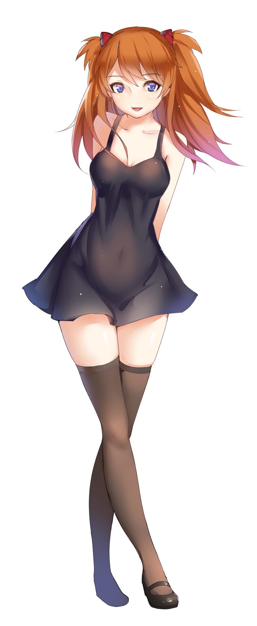 1girl, absurdres, arms_behind_back, bare_arms, bare_shoulders, black_dress, blue_hair, breasts