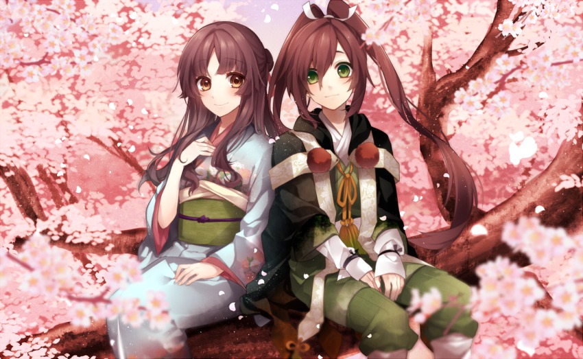 1boy, 1girl, bad_id, bad_pixiv_id, blurry, brown_eyes, brown_hair, cherry_blossoms