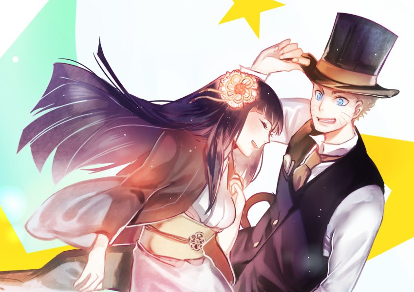 1boy, 1girl, black_hair, blonde_hair, blue_eyes, closed_eyes, couple, grin