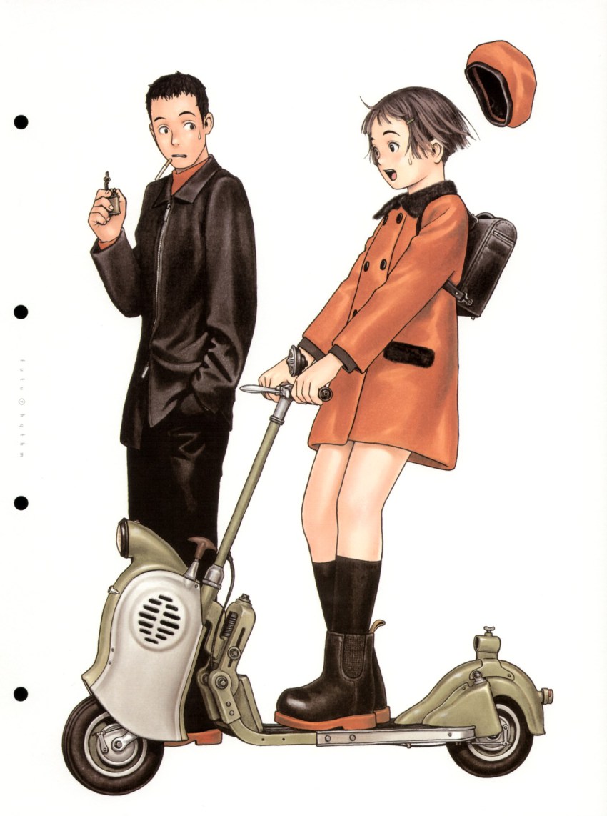 1boy, 1girl, backpack, bag, bob_cut, boots, cigarette, coat