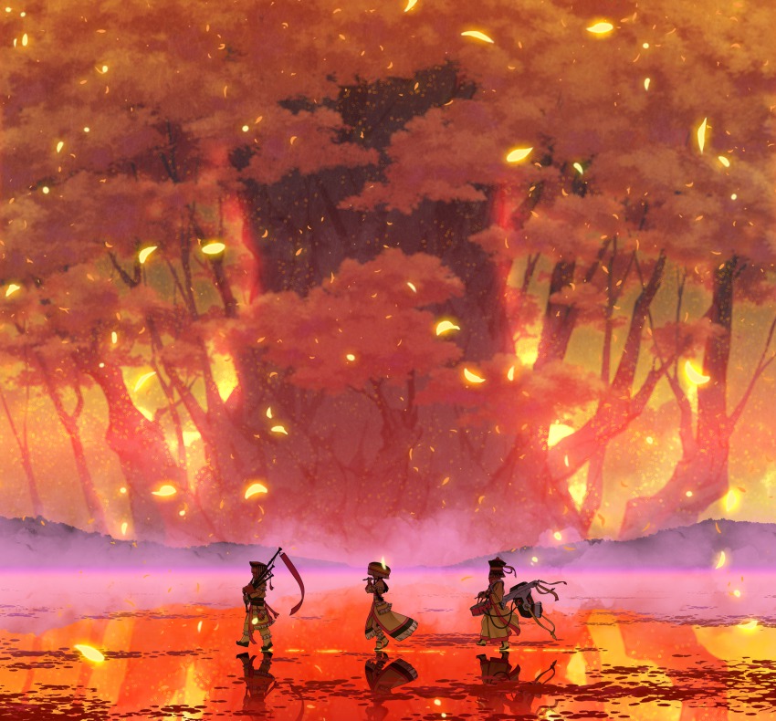 1girl, 2boys, bagpipes, drum, flute, giant_tree, highres, instrument