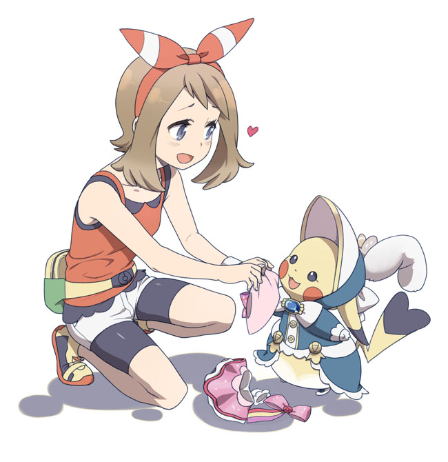 10s, 2girls, bare_shoulders, bike_shorts, blue_eyes, brown_hair, clothed_pokemon, cosplay_pikachu, dress, dressing, full_body, gen_1_pokemon, mattaku_mousuke, may_(pokemon), may_(pokemon_oras), multiple_girls, nintendo, open_mouth, pikachu, pikachu_belle, pokemon, pokemon_(creature), pokemon_omega_ruby_and_alpha_sapphire, short_hair, short_hair_with_long_locks, simple_background, smile, squatting, white_background
