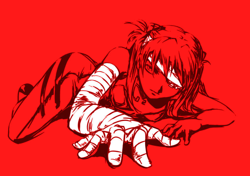 1girl, absurdres, bandages, bandages_over_eyes, bodysuit, female_focus, heike_gani, highres