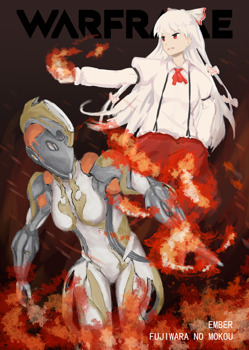 1girl, bodysuit, bow, breasts, character_name, copyright_name, crossover, ember_(warframe)