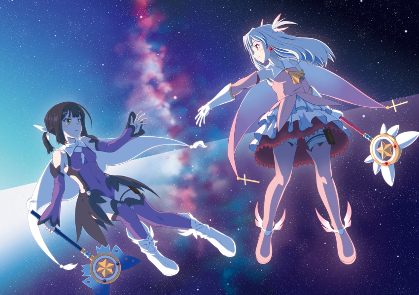 2girls, boots, brown_eyes, brown_hair, cape, detached_sleeves, fate/kaleid_liner_prisma_illya, fate_(series)