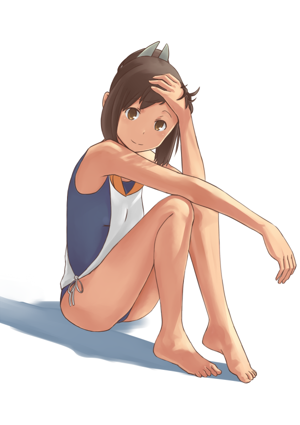 10s, 1girl, azu_(azusayumix), bare_shoulders, barefoot, brown_eyes, brown_hair, dark-skinned_female