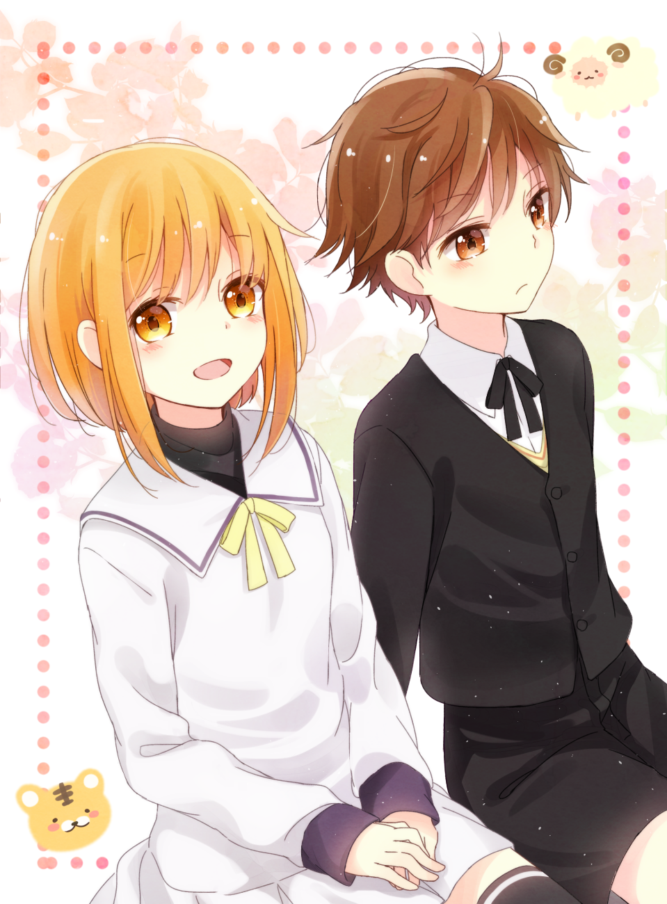 1boy, 1girl, :d, black_ribbon, blonde_hair, blush, bow, bowtie