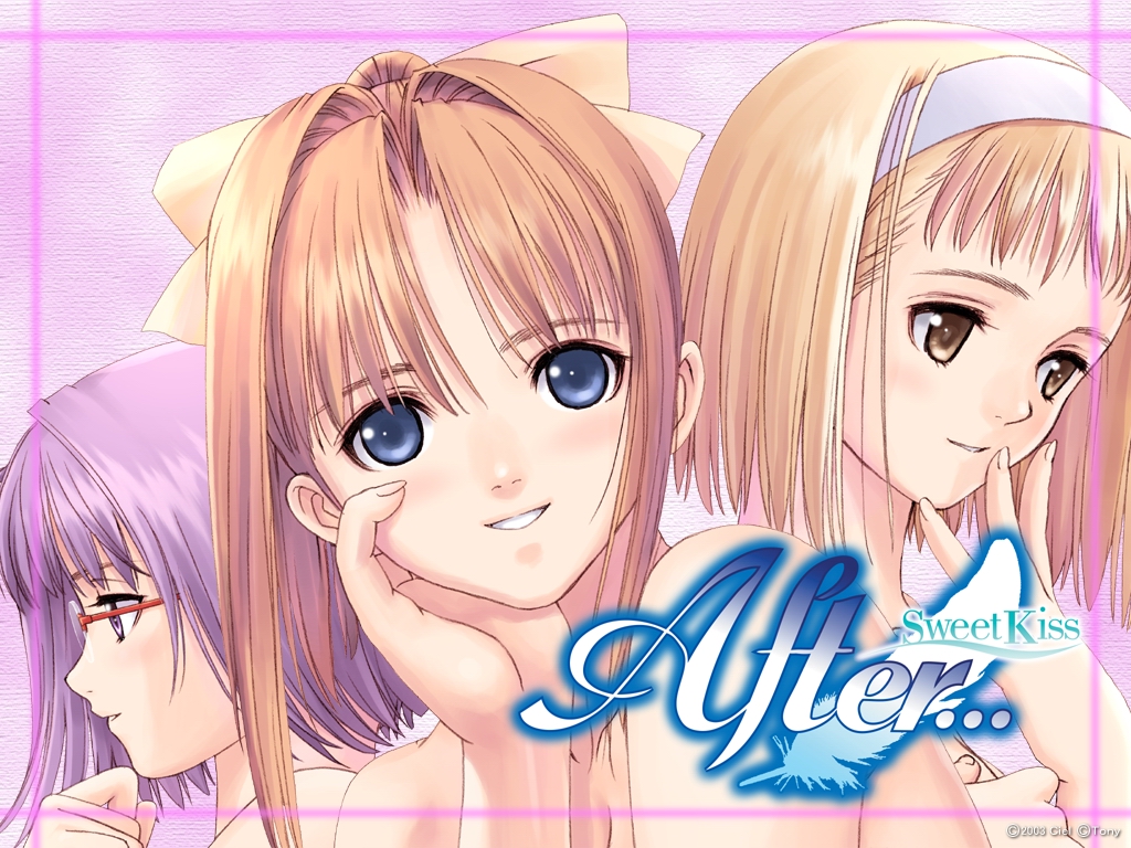 00s, 3girls, after_(game), after_sweet_kiss, bare_shoulders, blonde_hair, blue_eyes, blush