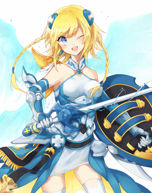 1girl, bad_id, bad_pixiv_id, bare_shoulders, blonde_hair, blue_eyes, blue_valkyrie_(p&amp;d), braid