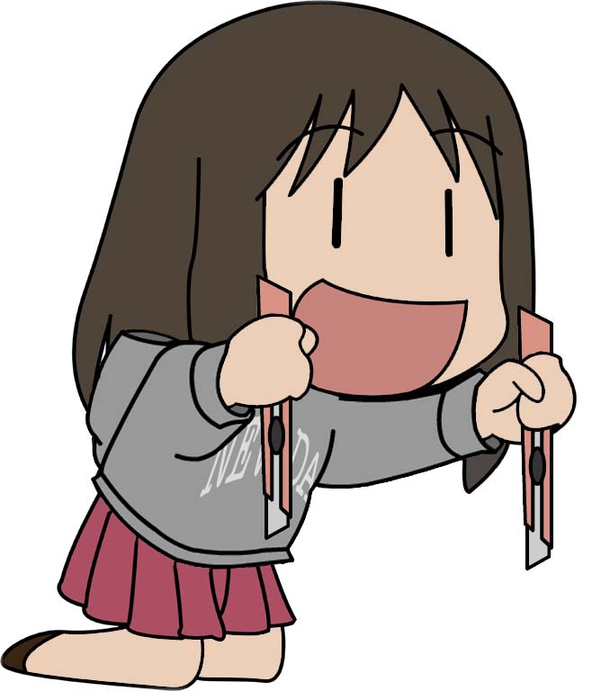 1girl, :d, artist_request, azumanga_daiou, boxcutter, brown_hair, chibi, cosplay