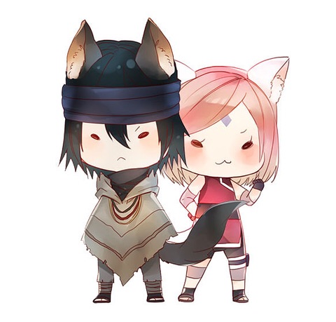 :<, :3, animal_ears, armband, black_gloves, black_hair, cat_ears, cat_tail