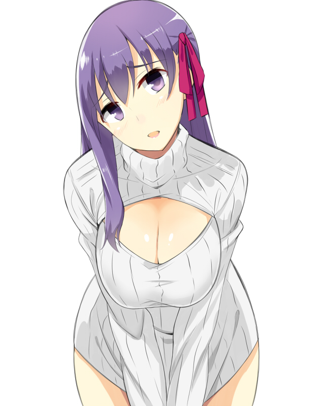 1girl, blush, breasts, cleavage, cleavage_cutout, clothing_cutout, curvy, fate/stay_night