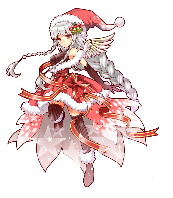 1girl, adapted_costume, angel, angel_wings, bare_shoulders, bell, black_gloves, blush, bow, braid, breasts, cherry2317, christmas, dress, elbow_gloves, female_focus, full_body, fur_trim, gloves, hair_bow, hair_ornament, halterneck, hat, leg_up, light_valkyrie_(p&amp;d), long_hair, orange_eyes, puzzle_&amp;_dragons, red_bow, santa_costume, santa_hat, silver_hair, single_braid, smile, solo, star_(symbol), striped_clothes, striped_thighhighs, thighhighs, twin_braids, valkyrie_(p&amp;d), very_long_hair, wings, wreath