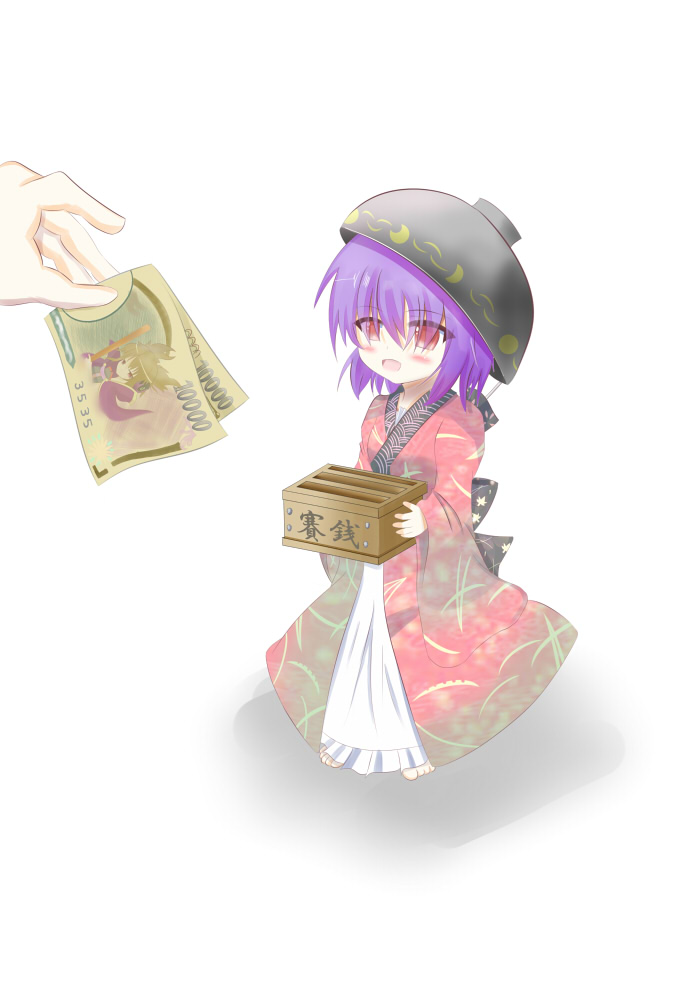 1girl, blush, bowl, bowl_hat, box, brown_hair, donation_box, dress, earmuffs, hat, headphones, hopeless_masquerade, inoueoyu, mini_person, minigirl, money, open_mouth, religious_offering, sekibaracheice, short_hair, smile, solo_focus, sukuna_shinmyoumaru, tate_eboshi, ten_desires, touhou, toyosatomimi_no_miko, translated
