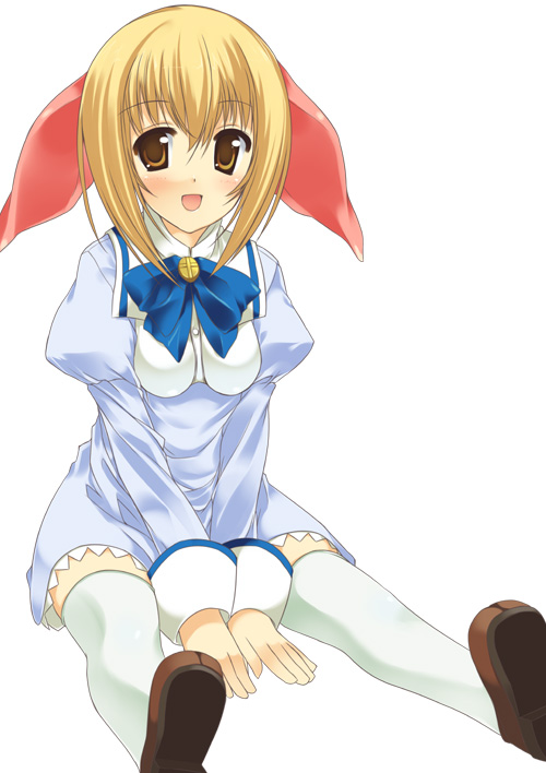 00s, 1girl, :d, between_legs, blonde_hair, blue_bow, blue_bowtie, blue_dress