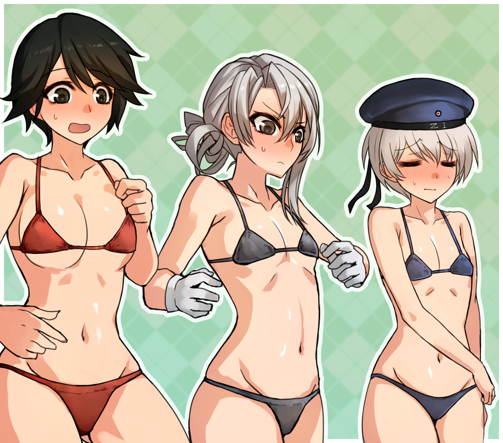 10s, 3girls, asymmetrical_hair, bare_shoulders, bikini, black_bikini, black_eyes, blue_bikini