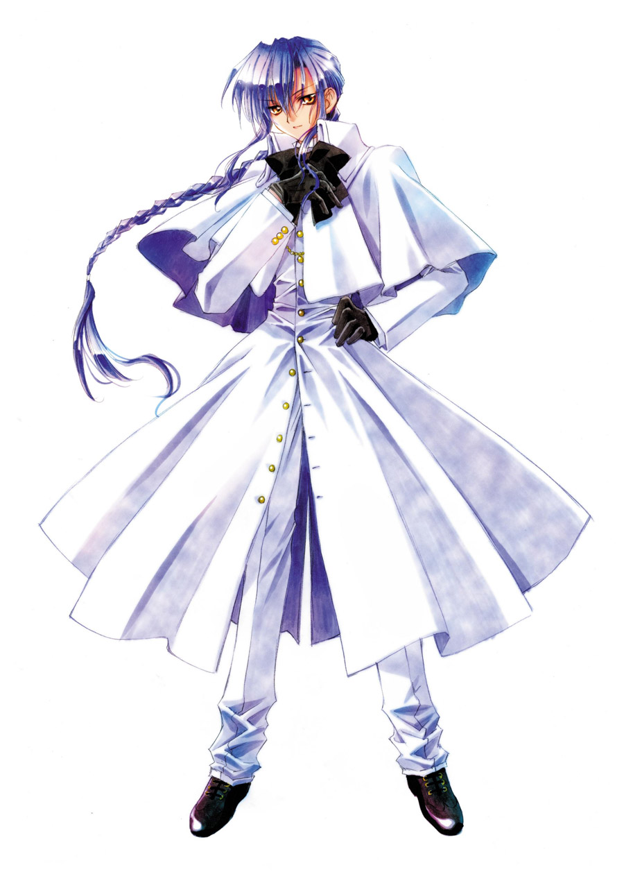 00s, 1girl, androgynous, black_shoes, bow, bowtie, braid, capelet, carnelian, coat, female_focus, full_body, gloves, hair_between_eyes, hand_on_own_hip, highres, long_coat, long_hair, long_sleeves, non-web_source, official_art, pants, parted_bangs, reverse_trap, shoes, simple_background, single_braid, solo, standing, sumeragi_youko, unbuttoned, white_background, yami_to_boushi_to_hon_no_tabibito, yellow_eyes