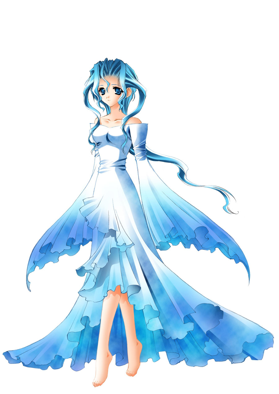 00s, 1girl, bare_shoulders, barefoot, blue_eyes, blue_hair, carnelian, dress