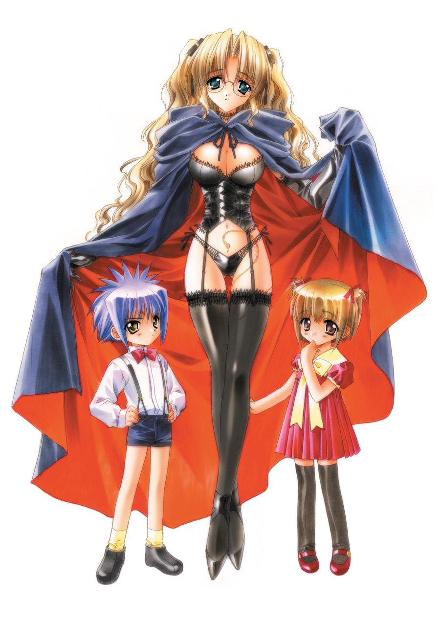 00s, 1boy, 2girls, blonde_hair, blue_hair, brown_hair, cape, carnelian, child, curly_hair, full_body, gargantua_(yamibou), garter_belt, glasses, highres, crossed_legs, lingerie, long_hair, multiple_girls, official_art, panties, ritsuko_(yamibou), shorts, standing, suspenders, tattoo, thighhighs, two_side_up, underwear, white_background, yami_to_boushi_to_hon_no_tabibito, yellow_eyes, aged_down