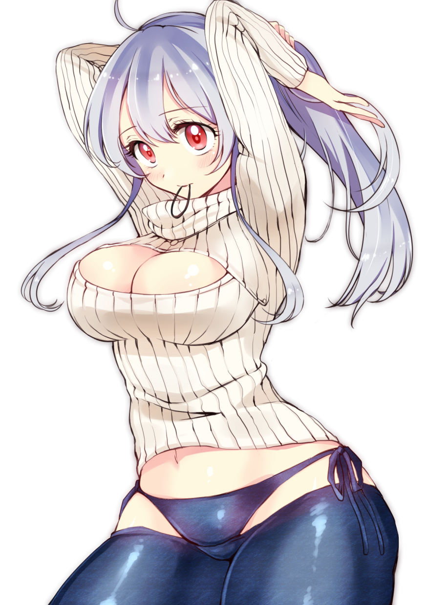 1girl, adjusting_hair, alternate_costume, arms_up, bajinappo, bikini_jeans, blue_panties, breasts, cleavage, cleavage_cutout, clothes_pull, clothing_cutout, denim, female_focus, highres, jeans, kamishirasawa_keine, large_breasts, long_hair, long_sleeves, lowleg, lowleg_pants, mouth_hold, navel, open-chest_sweater, panties, pants, pink_eyes, ponytail, ribbed_sweater, ribbon, ribbon_in_mouth, side-tie_panties, silver_hair, skirt, skirt_pull, solo, sweater, touhou, turtleneck, tying_hair, underwear