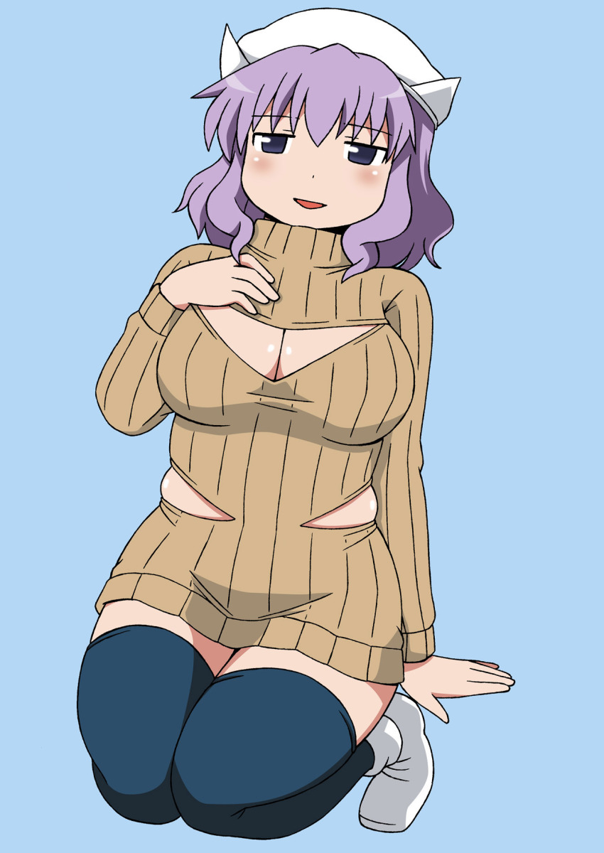 1girl, black_thighhighs, blue_background, breasts, brown_sweater, cleavage, cleavage_cutout, clothing_cutout