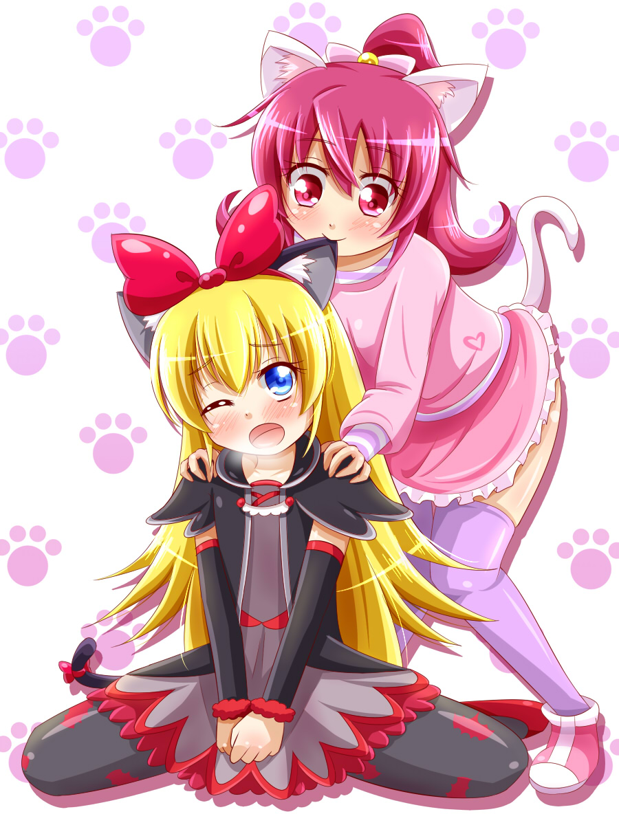 2girls, ;o, aida_mana, animal_ears, animal_print, bat_print, biting, black_legwear