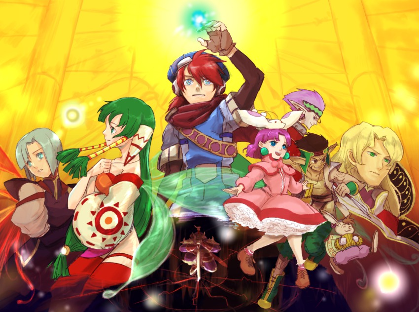 4boys, 4girls, bad_id, bad_pixiv_id, cape, dress, feena_(grandia), fingerless_gloves