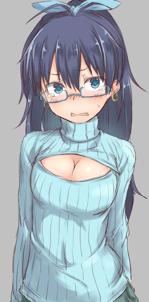 1girl, alternate_costume, antenna_hair, aqua-framed_glasses, aqua_eyes, bespectacled, black_hair, blush, breasts, cleavage, cleavage_cutout, clothing_cutout, earrings, female_focus, ganaha_hibiki, glasses, grey_background, hair_ribbon, hoop_earrings, idolmaster, idolmaster_(classic), jewelry, long_hair, medium_breasts, open-chest_sweater, ribbed_sweater, ribbon, solo, spirytus_tarou, sweatdrop, sweater, tears, turtleneck, upper_body