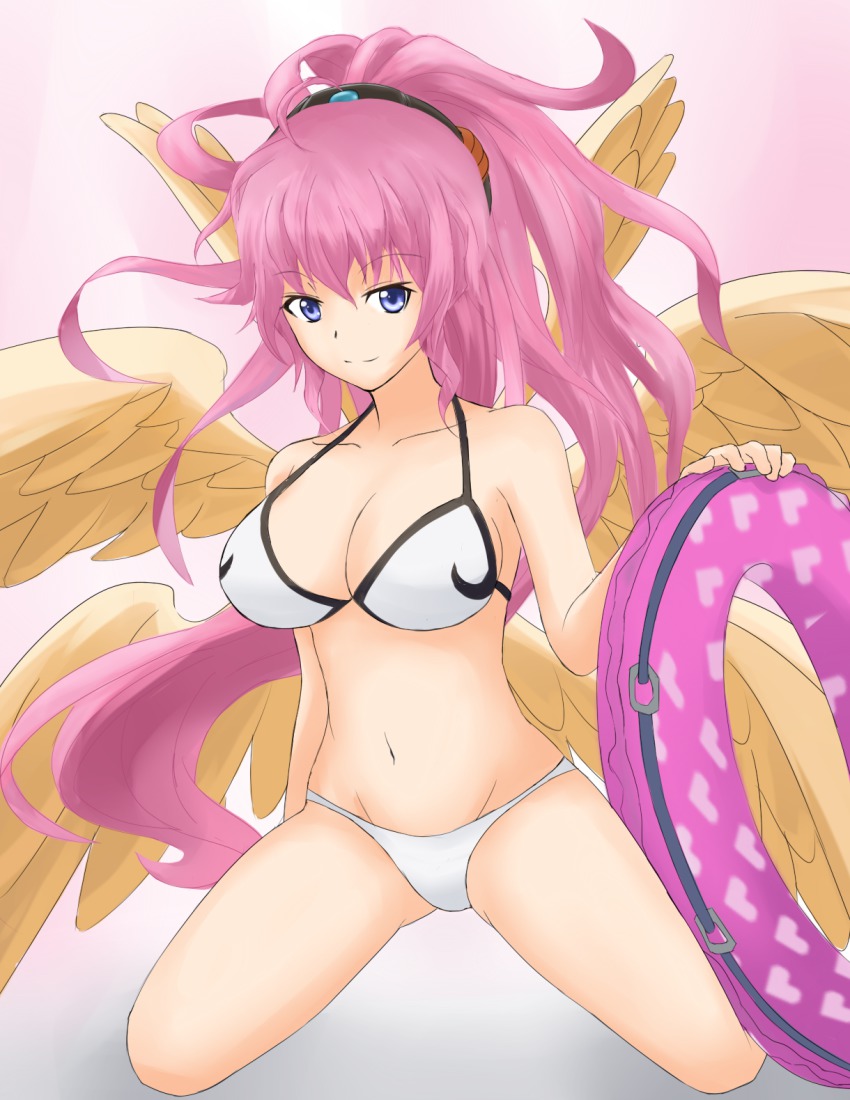 1girl, angel, angel_wings, archangel_metatron_(p&amp;d), bikini, blue_eyes, highres, innertube, long_hair, niiru_heiyaku_de_jutaichuu, pink_hair, puzzle_&amp;_dragons, swim_ring, swimsuit, wings