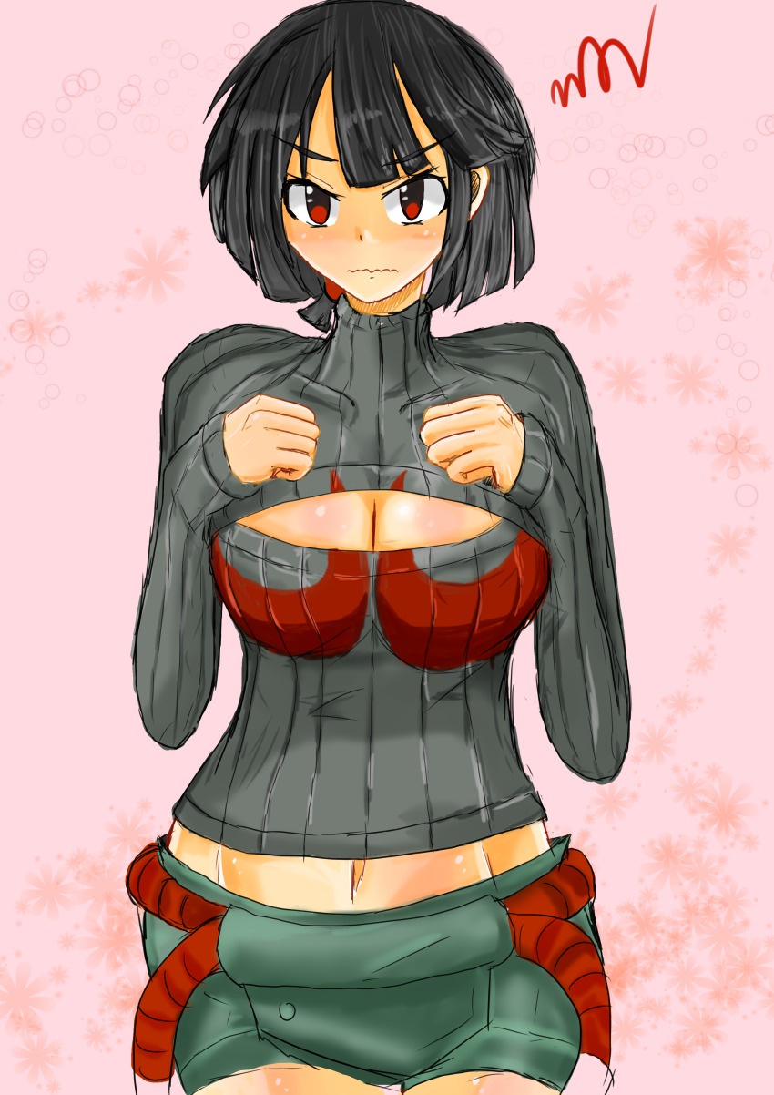 10s, 1girl, absurdres, black_hair, blush, breasts, cleavage, cleavage_cutout, clothing_cutout, denim, denim_shorts, female_focus, highres, kakiiro_(takuya), kakiiro_wing, large_breasts, midriff, nintendo, open-chest_sweater, pokemon, pokemon_omega_ruby_and_alpha_sapphire, red_eyes, ribbed_sweater, short_hair, shorts, solo, sweater, turtleneck, zinnia_(pokemon)
