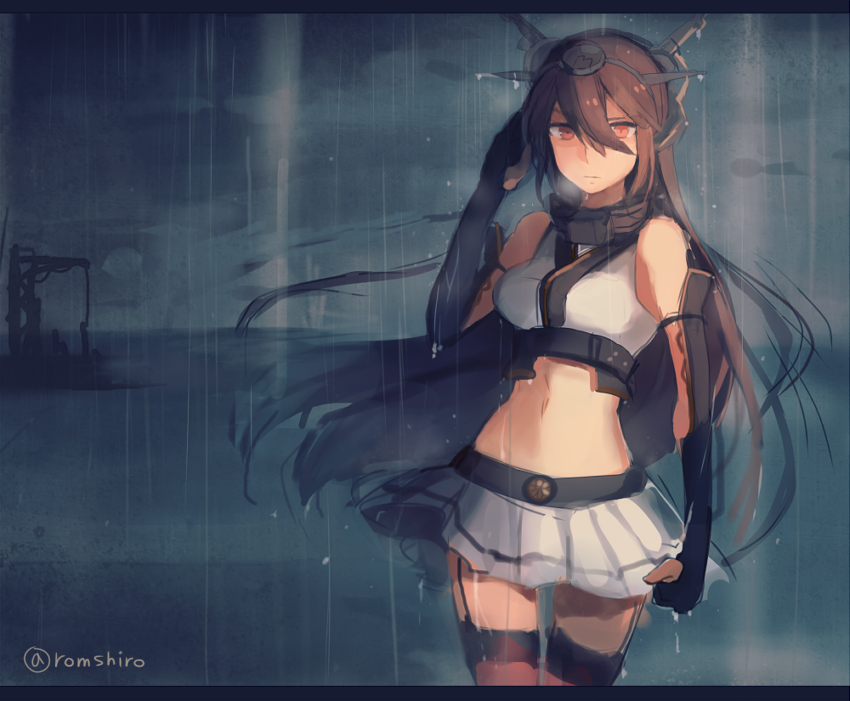 10s, 1girl, bare_shoulders, black_hair, cowboy_shot, elbow_gloves, female_focus, gloves, hair_between_eyes, headgear, kantai_collection, long_hair, midriff, nagato_(kancolle), navel, rain, red_eyes, rom_(romshiro), romshiro, salute, sketch, skirt, solo, thighhighs, twitter_username, very_long_hair