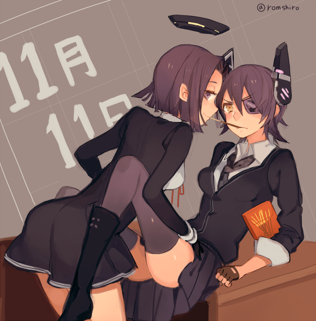 10s, 2girls, cardigan, dated, eyepatch, fingerless_gloves, food, gloves