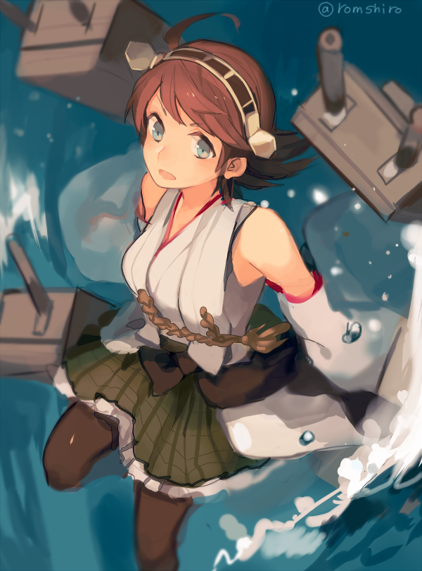 10s, 1girl, black_legwear, blue_eyes, brown_hair, detached_sleeves, female_focus, headgear