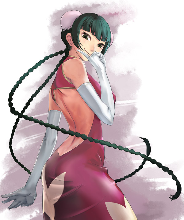 00s, 1girl, backless_outfit, braid, bun_cover, china_dress, chinese_clothes, double_bun