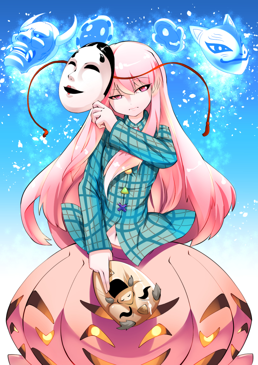 1girl, b-q, bow, bubble_skirt, expressionless, female_focus, fox_mask, hata_no_kokoro, highres, kashuu_(b-q), long_hair, long_sleeves, looking_at_viewer, mask, mouth_mask, navel, oni_mask, pink_eyes, pink_hair, see-through_clothes, shirt, skirt, solo, touhou, uneven_eyes, very_long_hair