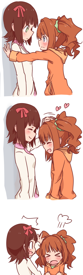 >_<, 2girls, amami_haruka, blush, brown_hair, ekusiregaia, closed_eyes, green_eyes