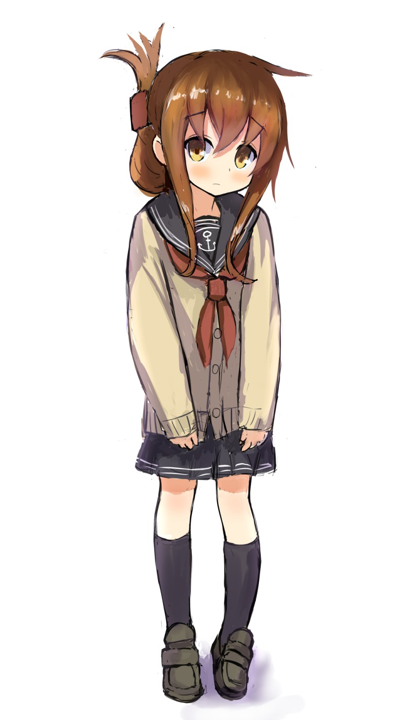 10s, brown_eyes, brown_hair, cardigan, folded_ponytail, highres, inazuma_(kancolle), kantai_collection
