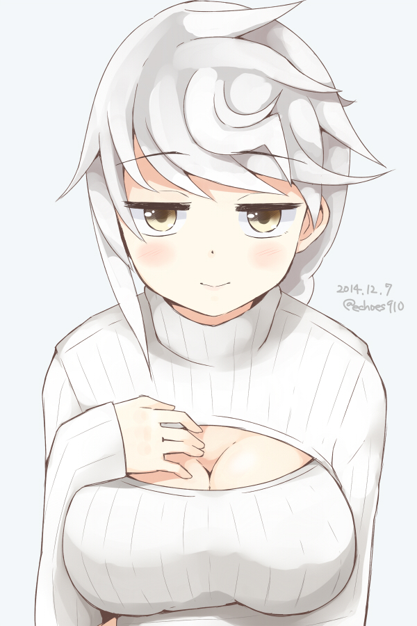 10s, 1girl, arm_at_side, asymmetrical_hair, braid, breasts, brown_eyes, cleavage_cutout, clothing_cutout, female_focus, hair_ornament, jitome, kantai_collection, large_breasts, long_hair, looking_at_viewer, open-chest_sweater, pov, silver_hair, single_braid, solo, sui_(tsuruhibiki), sweater, unryuu_(kancolle), very_long_hair, wavy_hair, yellow_eyes