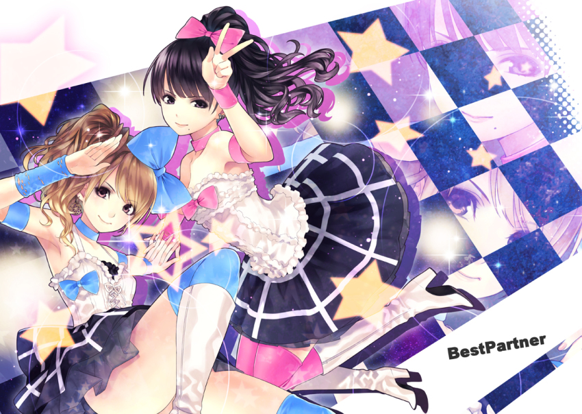 2girls, arm_up, armband, armpits, bare_shoulders, black_eyes, black_hair, black_skirt, blue_thighhighs, blunt_bangs, boots, bow, breasts, brown_eyes, brown_hair, camisole, checkered_background, checkered_clothes, checkered_skirt, choker, corset, cross-laced_clothes, earrings, english_text, floating_hair, frills, hair_bow, halftone, halftone_background, high_heel_boots, high_heels, high_ponytail, hirano_katsuyuki, holding_hands, interlocked_fingers, jewelry, knee_boots, lens_flare, light_smile, looking_at_viewer, michishige_sayumi, miniskirt, mole, mole_under_mouth, morning_musume, multiple_girls, parted_bangs, pink_eyes, pink_legwear, ponytail, real_life, salute, shadow, side_ponytail, skirt, small_breasts, smile, sparkle, star_(symbol), star_symbol_background, strapless, swept_bangs, tanaka_reina, thighhighs, torn_clothes, v, wavy_hair, white_legwear, wristband, zipper, zoom_layer